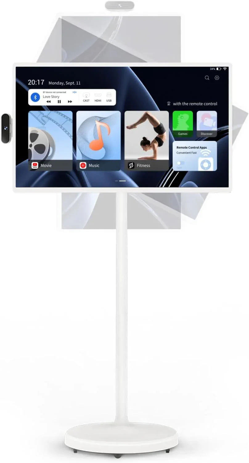 32-Inch Portable TV, 1080P FHD Rolling TV on Wheels with Rotatable Touch Screen, Android 13 OS, 8G RAM 128G Storage, Built-in Battery, Full Swivel Rotation, Voice Remote