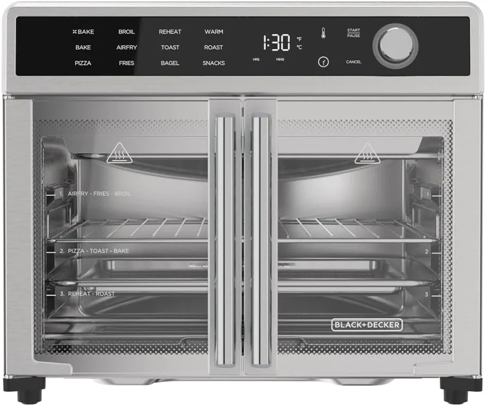Fryer Toaster Oven Combo, 12 in 1 Countertop Convection Oven Cooks Food Fast, Fits a Whole Pizza or 6 Toast Slices, French Doors with Stainless Steel Finish