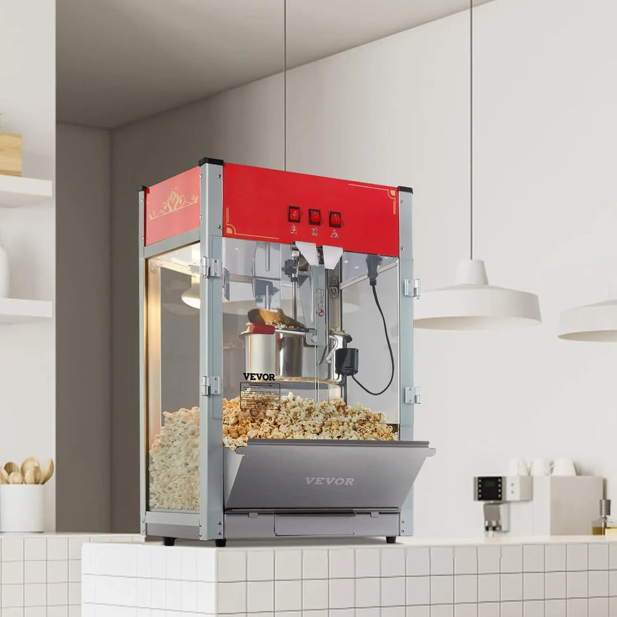 Popcorn machine, 12-ounce pot capacity, 1440-watt countertop popcorn machine, can produce 80 cups per batch, cinema-style popcorn machine, equipped with 3 switches for control, steel frame, tempered glass door, 1 pot, 2 spoons, red version