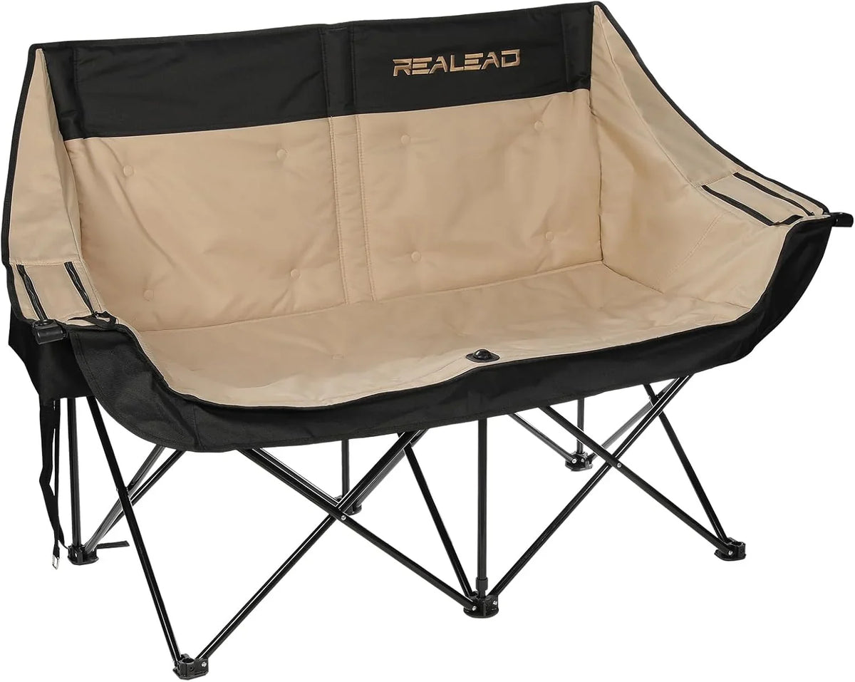 Double camping chair - Large-sized adult camping couple seat cushion suitable for two people. 650 pounds load-bearing capacity - Heavy-duty foldable camping chair, equipped with a cooling bag, suitable for outdoor activities and beach use.