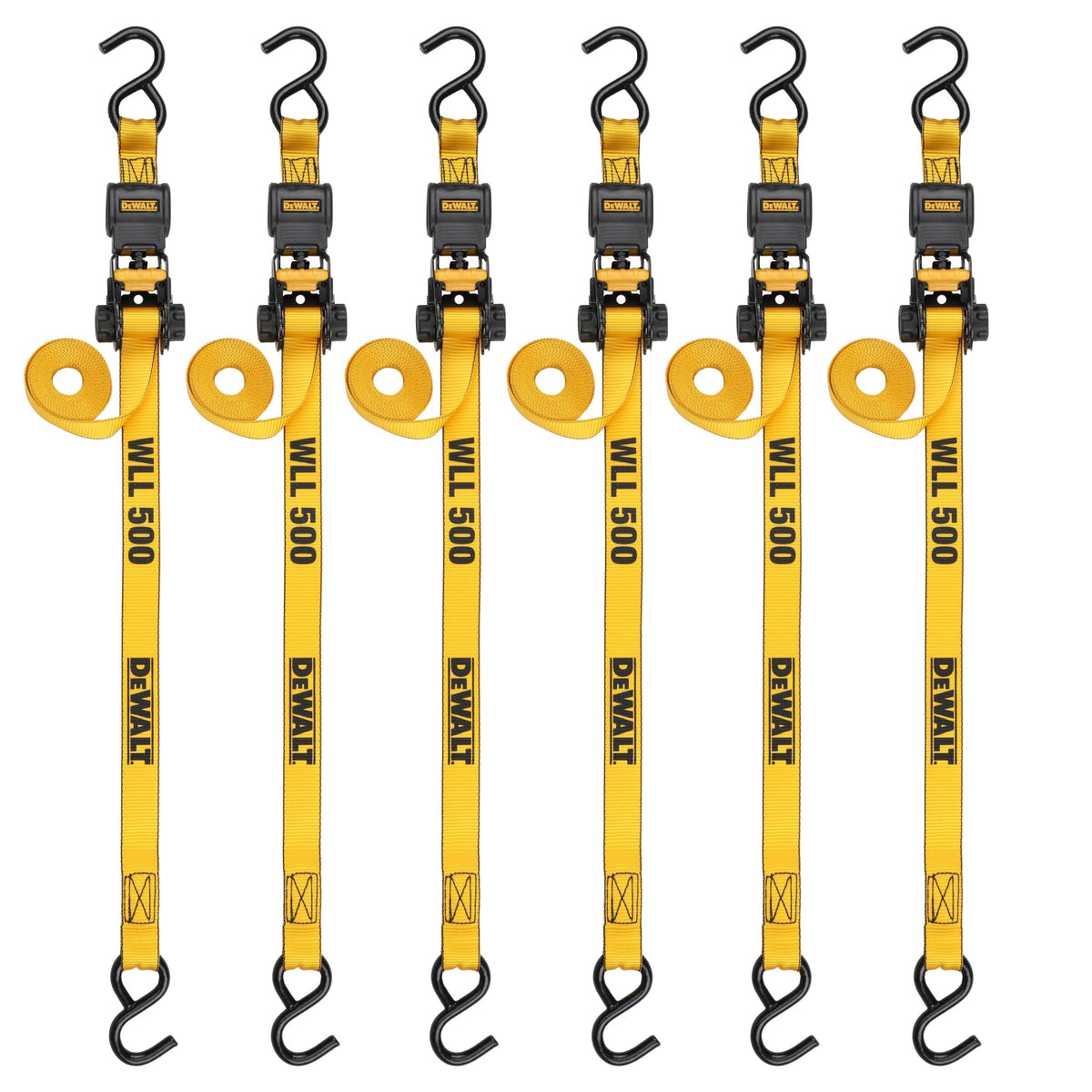 Dewalt DXBC15006X 1,500-lb Ratchet Tie-Down, with Storage Bag, 1-in x 10-ft, 6-pk, Yellow