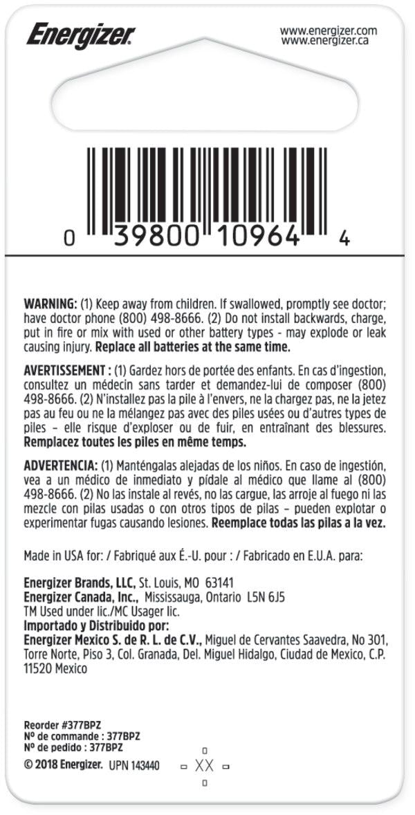 Energizer Silver Oxide 1-pk 377/376 SR626SW 1.5V / 1.5 Volt Button Cell Watch Battery