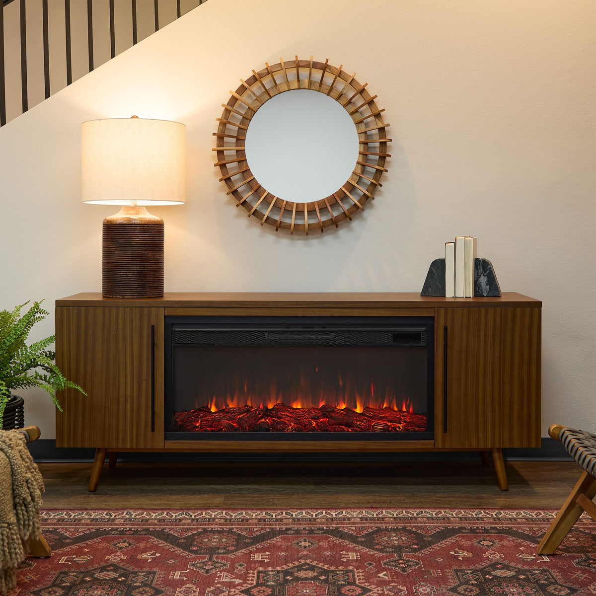 Real Flame Morris Media Indoor Electric Fireplace TV Stand, 72-in, 1500W, Includes Remote Control & Firebox, Vintage Black Maple