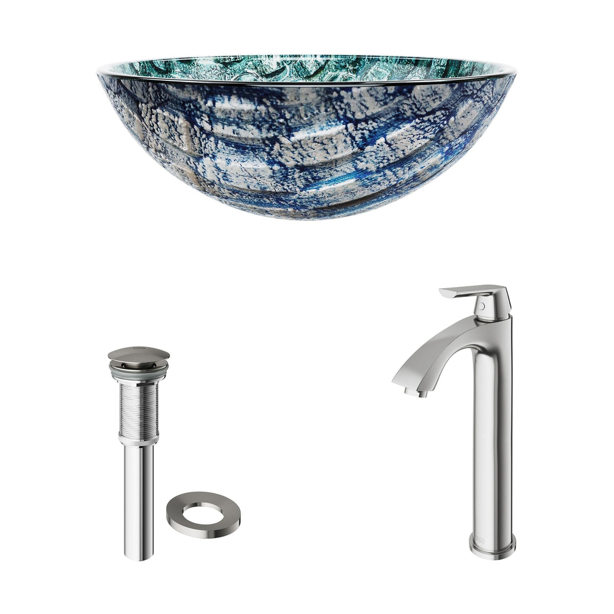 VIGO Glass Oceania Blue Bathroom Sink/Basin Set with Linus Faucet and Round Vessel