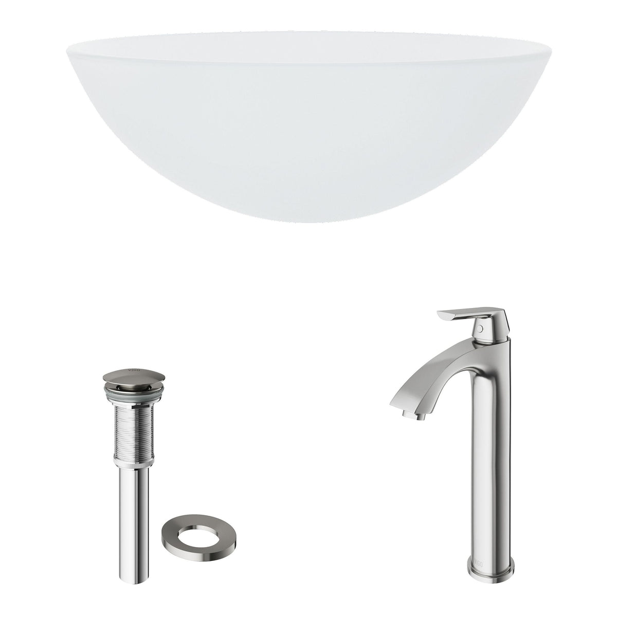 VIGO White Frost White Bathroom Sink/Basin Set with Linus Faucet and Round Glass Vessel