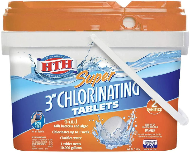 HTH 42034 Super 3-inch Chlorinating Tablets for Swimming Pools, 25 lbs W8