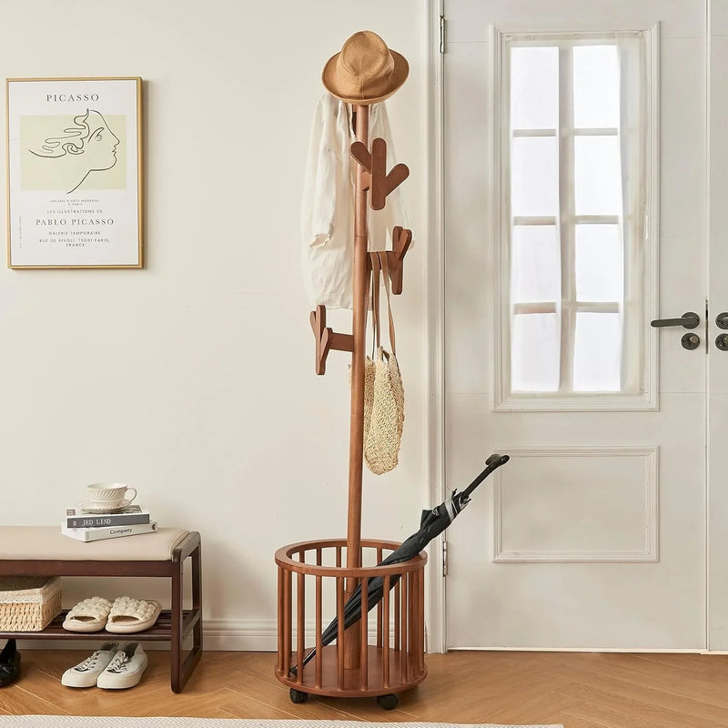 Wood Coat Rack Freestanding - Wooden Coat Tree Hat Rack with 12 Hooks, Clothes Coats Hanger Stand Rolling Racks with Umbrella Holder Wheels for Bedroom Entryway Hallway Livingroom (Walnut) T2