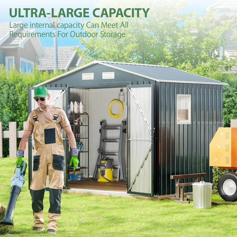 8x6FT Outdoor Steel Storage Shed with Clear Window, Lockable Doors, Weather-Resistant Metal Tool Shed for Garden, Backyard, Patio, and Utility Storage J3