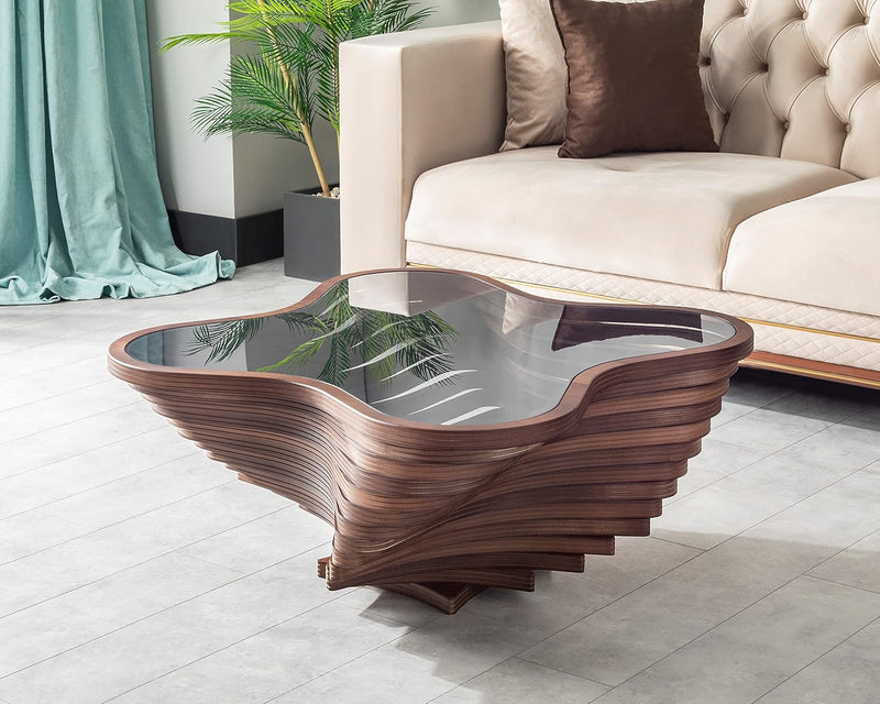 Design a modern coffee table - natural walnut veneer, tempered glass tabletop, layered wave shape, rustic wood, modern living room table, luxurious home and office decoration, central table in the living room. A6