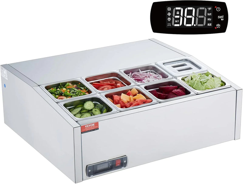 Refrigerated Condiment Prep Station, 135 W Countertop Refrigerated Condiment Station, with 2 1/3 Pans & 4 1/6 Pans, 304 Stainless Body and PC Lid, Sandwich Prep Table with Stainless Guard, ETL F1