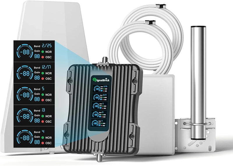 A home-use mobile phone signal booster with a liquid crystal display, a five-band mobile phone signal booster, with a coverage area of up to 5000 square feet. E2