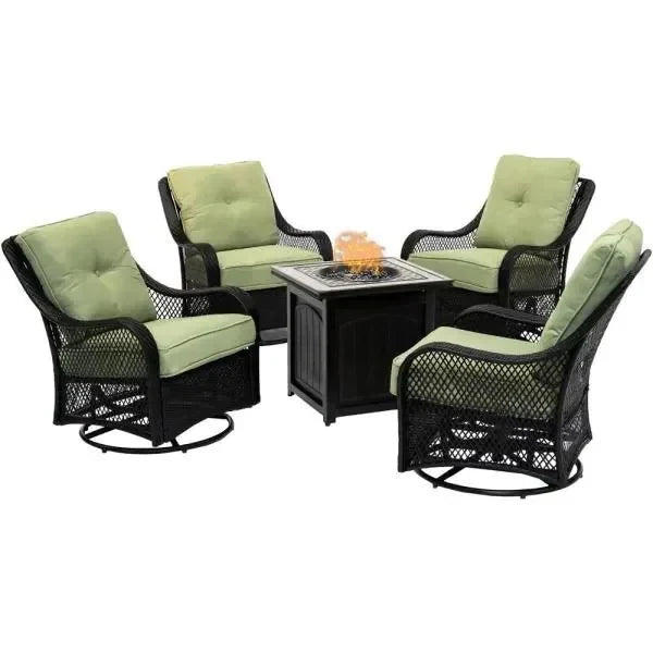 5-Piece Steel Patio Fire Pit Conversation Set with Navy Blue Cushions, Swivel Gliders and Square Fire Pit Table O7