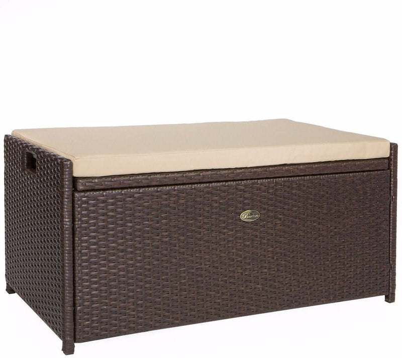 Barton Outdoor Storage Bench Rattan Style Deck Box Wicker Patio Furniture Water Resistance w/Seat Cushion, 60-Gallon, Brown M6
