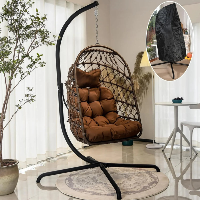 Indoor and outdoor egg-shaped rocking chairs with frames and covers, garden rattan hanging chairs, capacity 450 pounds, with UV-protective cushions, suitable for bedrooms, outdoor balconies, courtyards or living rooms (dark gray) G1
