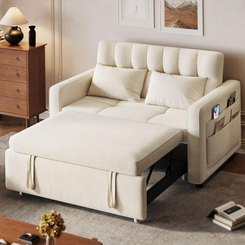 3-in-1 Convertible Sofa Bed, 55" Sleeper Sofa with Pull-Out Bed, Cat-Scratch-Proof Fabric Futon Couch with Adjustable Backrest and Side Pocket, Loveseat for Living Room Apartment, Grey O6