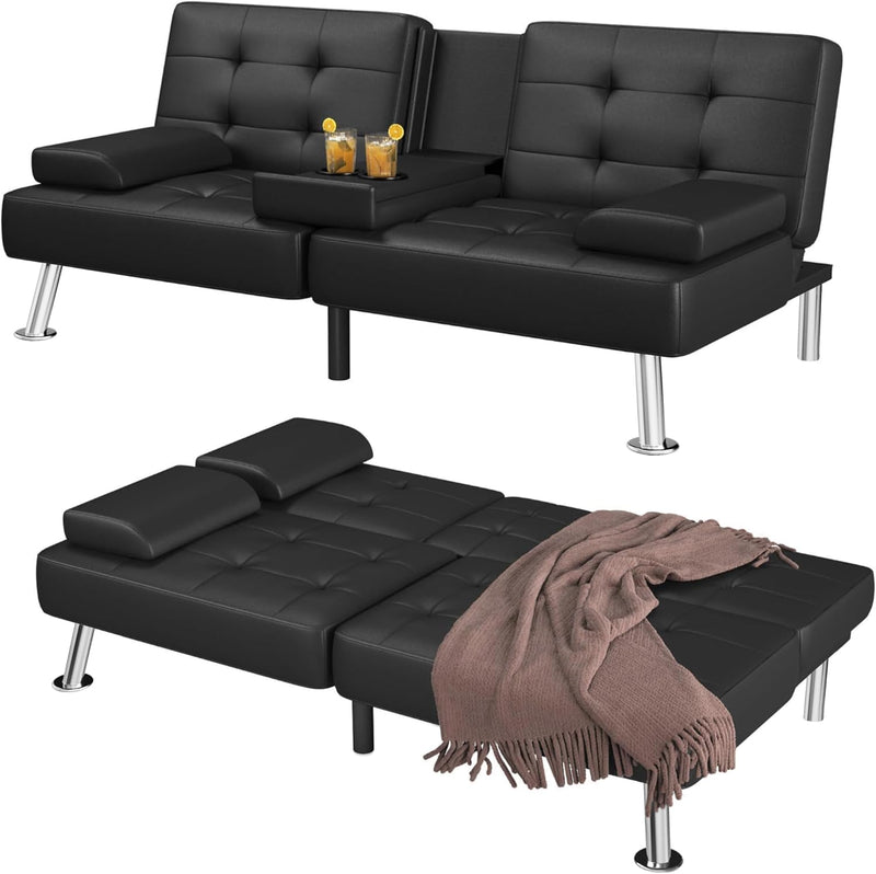 Futon Sofa Bed Convertible Folding Futon Set Modern Recliner Lounge for Small Room & Living Room with 2 Cup Holders, Removable Armrests (Artificial Leather, Black) C0
