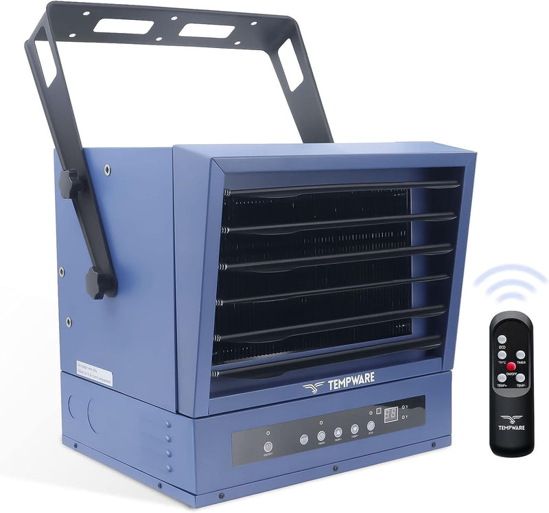 Electric Garage Heater, 7500-Watt Digital Fan-Forced Ceiling Mount Shop Heater with Full-Function Remote, 240-Volt Hardwired 12-Hour Timer, Ideal for Workshop Blue D2