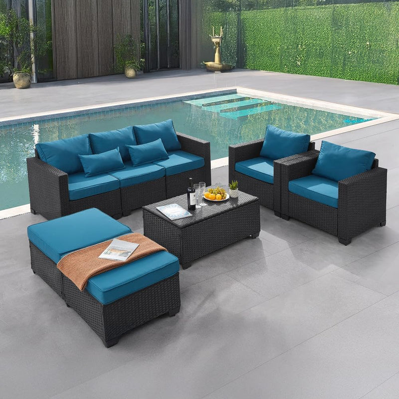 6 Pieces Outdoor Patio Furniture Sets with Furniture Cover, PE Rattan Wicker Patio Conversation Set with Tea Table (Peacock Blue, Rattan Storage Table) H0