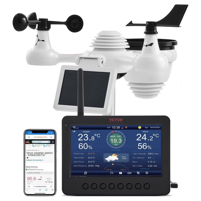 VEVOR 7-in-1 Wireless Weather Station with Wi-Fi,7 in TFT Colorful Display, Solar-Powered Outdoor Sensor, Indoor Outdoor Monitoring, Includes... E0