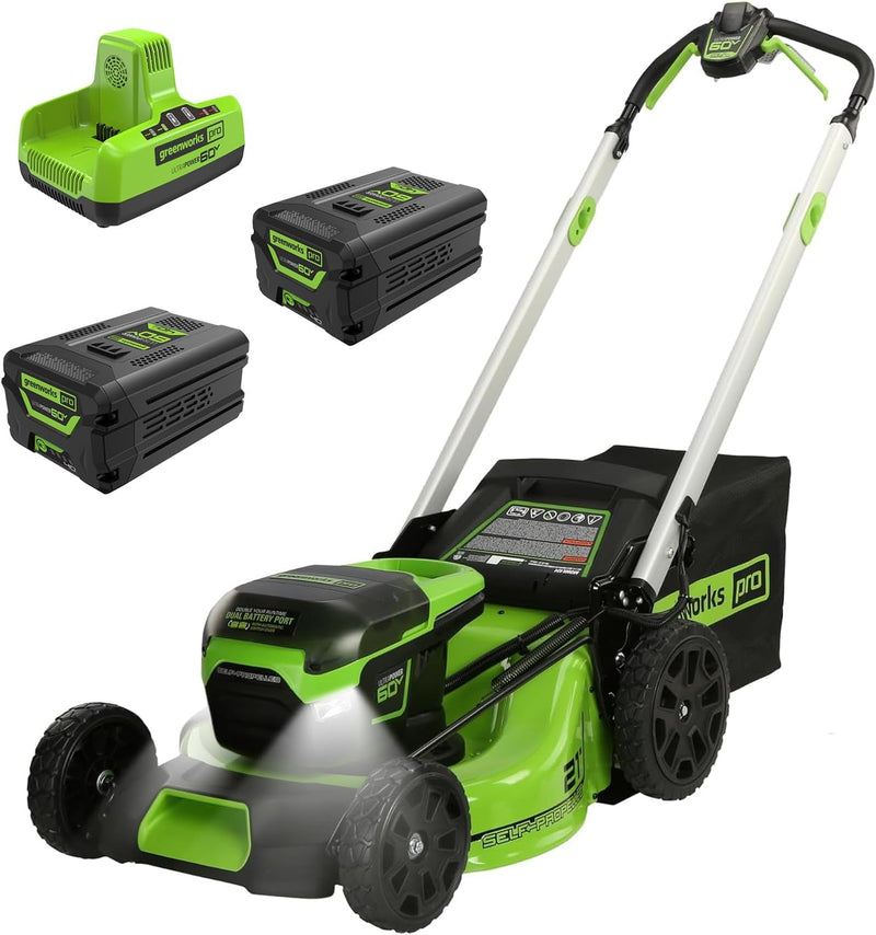 60V 21-inch self-propelled cordless lawn mower, brushless motor, LED lights, including 2 sets of 4.0 Ah batteries and a fast dual-port charger (compatible with 75 tools, running time 45 minutes) W1