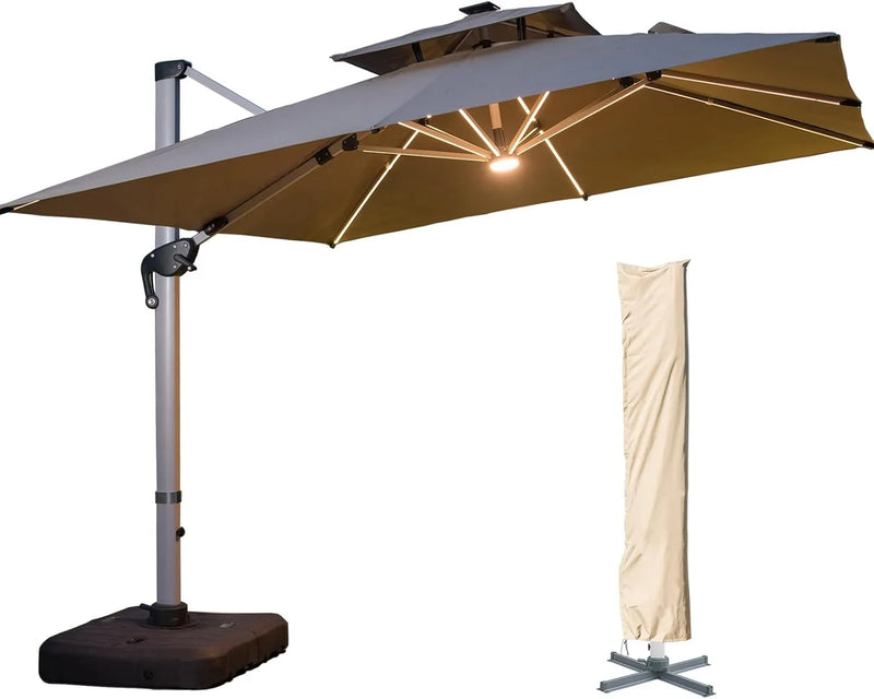A 10-foot by 10-foot square cantilevered sunshade, equipped with a cross base and canopy, is included - a large heavy-duty outdoor sunshade, 360° rotating offset type, suitable for use in courtyards, backyard of swimming pools, terraces or gardens, i O9