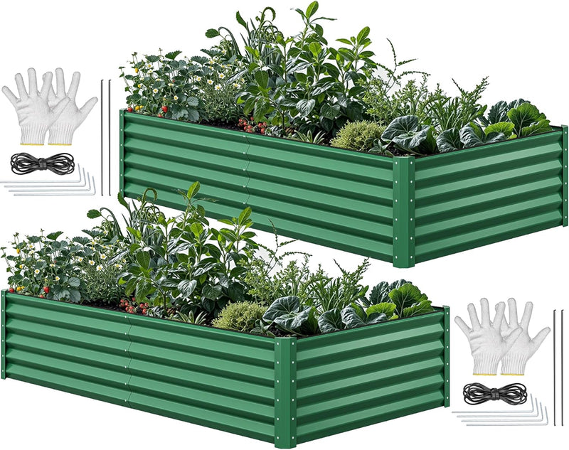 8x4x2ft 2pcs Large Raised Garden Bed Kit, Galvanized Metal Planter Box with Gloves, Ground Nails & Safety Rubber, Outdoor Above Ground Planters for Plants Vegetables Flowers, Green Q6