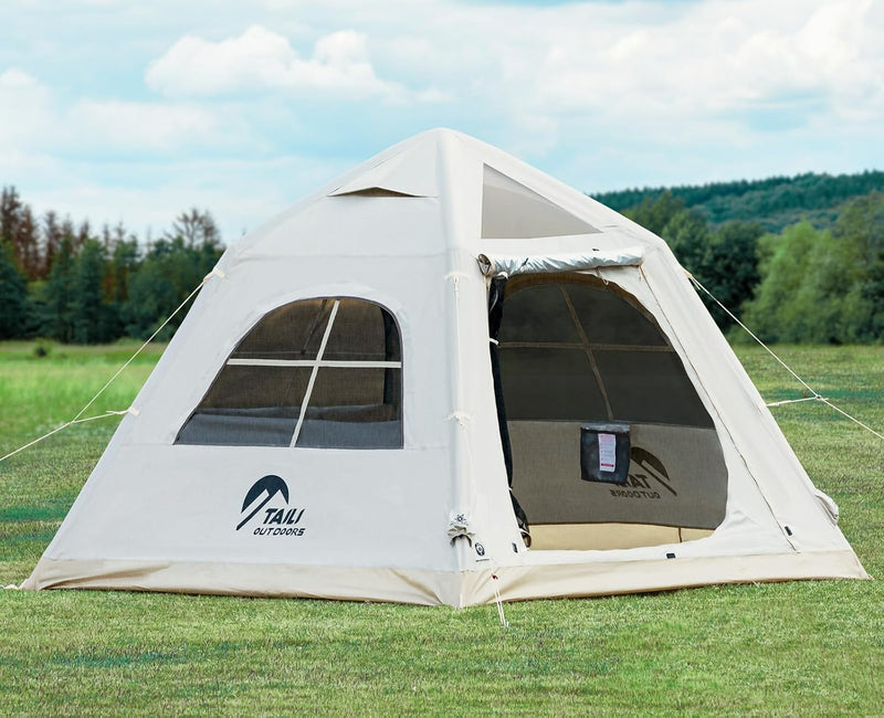 Portable inflatable camping tent, equipped with a manual pump, suitable for 3/4/6 people, easy to set up, suitable for outdoor activities. This inflatable outdoor waterproof Oxford canvas tent is suitable for family camping and is suitable for adults W2