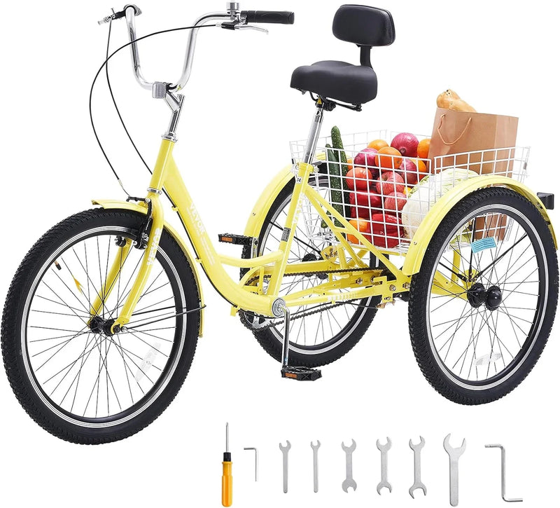 Adult tricycles, 20-inch tricycles, tricycle motorcycles, carbon steel leisure bicycles with baskets and adjustable seats, suitable for elderly, female and male picnic and shopping tricycles (yellow) L9