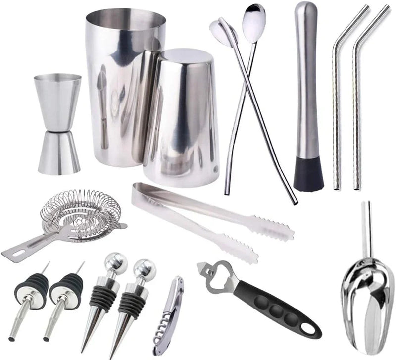 17pc Stainless Steel Cocktail Shaker Set Ice Strainer Clip Mixing Spoon Measure Cup Bar Tools Cocktail Set Can Opener Ice Shovel Y4