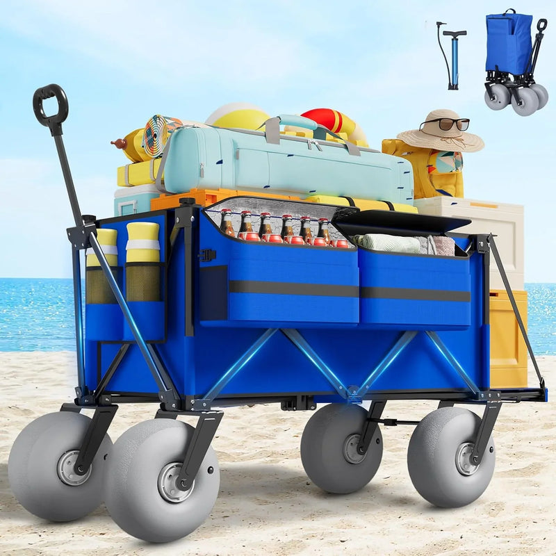 Beach Wagon with Big Wheels for Sand - 450lbs Load Heavy Duty Wagons Carts Foldable with 9" All Terrain Inflatable Tires, Collapsible Beach Cart for Grocery Shopping Garden Sports Camping Outdoor Z3