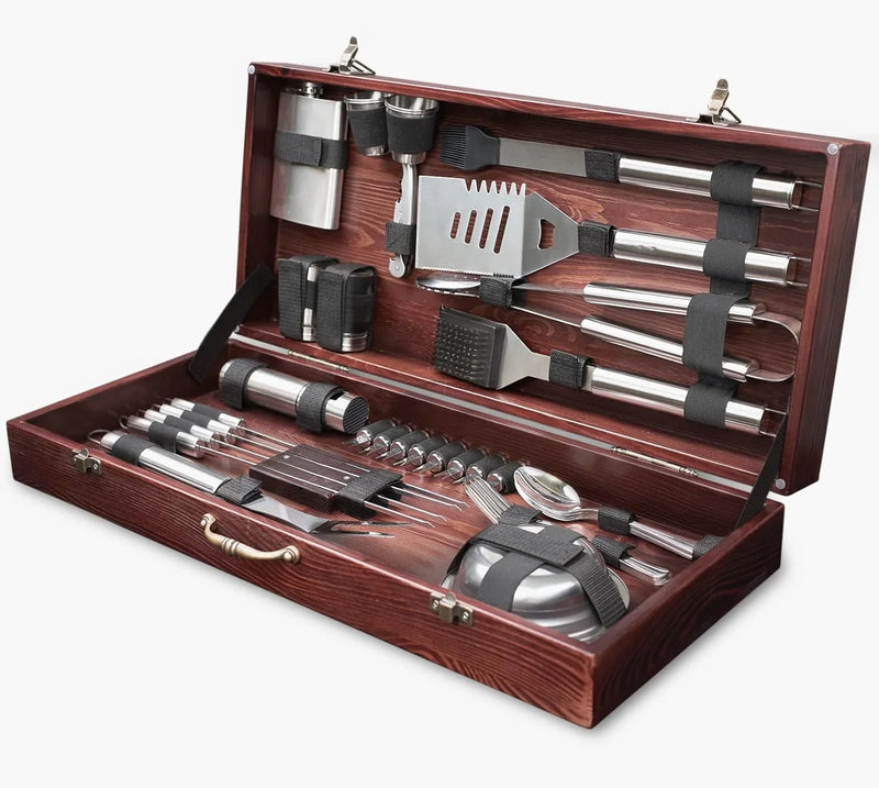 Outdoor Grill Accessories for Barbeque - Outdoor Grill Accessories for Barbeque - Premium Grill Tool Sets - Dark Wood Case Grilling Set - Griddle Accessories Kit - BBQ Gear H9