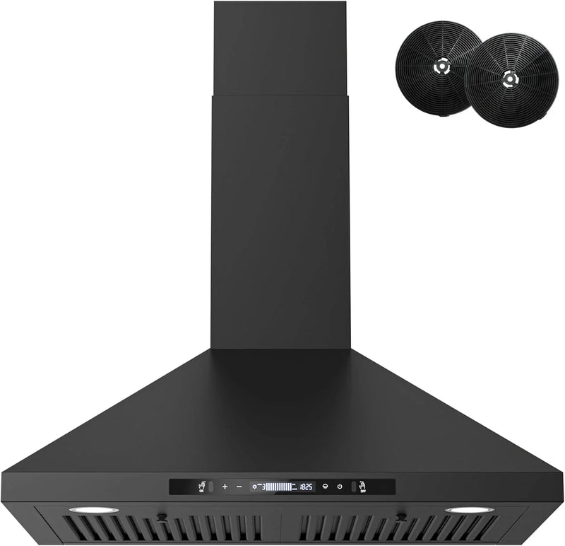 Wall-mounted black kitchen exhaust hood, 30 inches, 900 cubic feet per minute, built-in exhaust duct, three-speed exhaust fan, gesture/touch control, timer function, two baffles filters, stainless steel stove exhaust hood F5