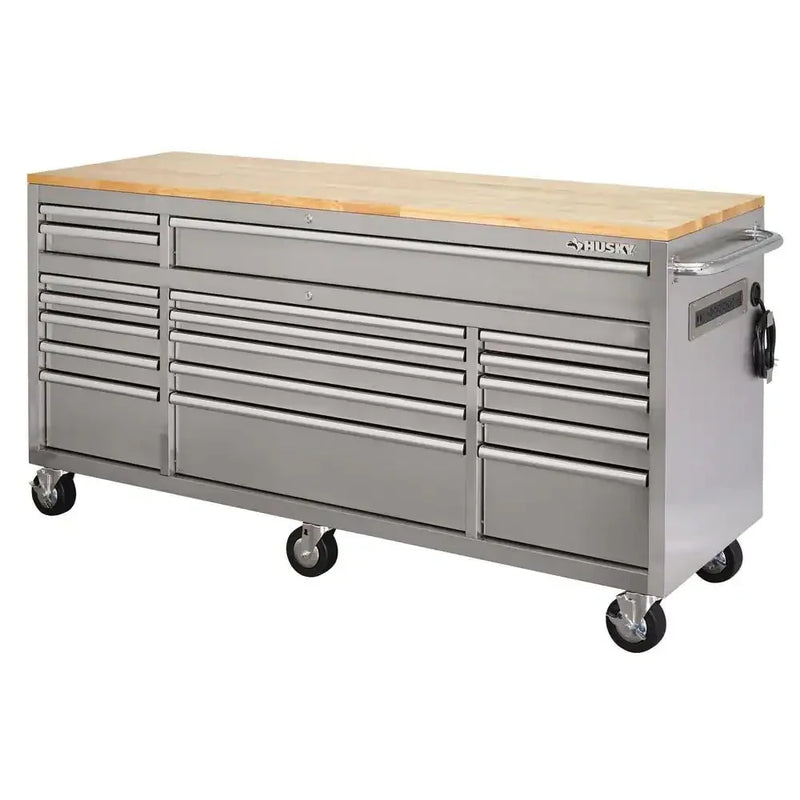 72 in. 18-Drawer 24 in. D Mobile Workbench with Solid Wood Top Stainless Steel F5