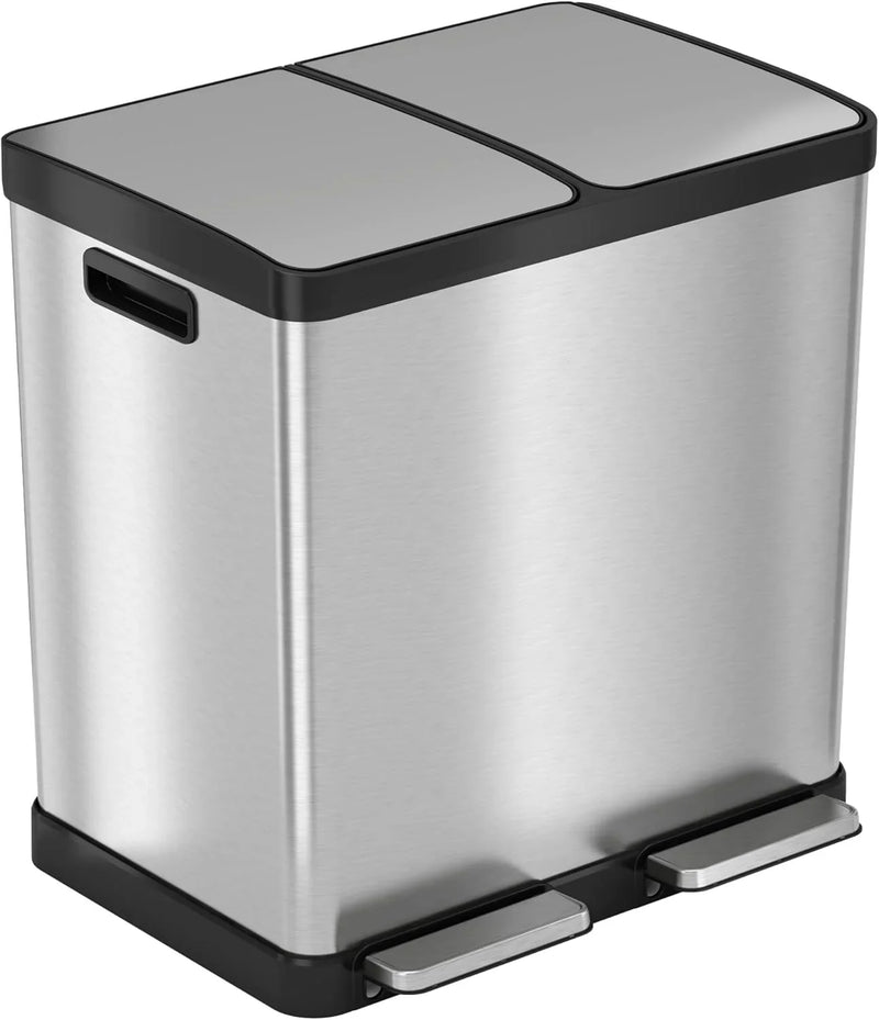 16-gallon contact-free trash and recycling bins, made of stainless steel, with a double compartment design (each compartment holds 8 gallons), suitable for recycling and waste disposal in the kitchen. Z0