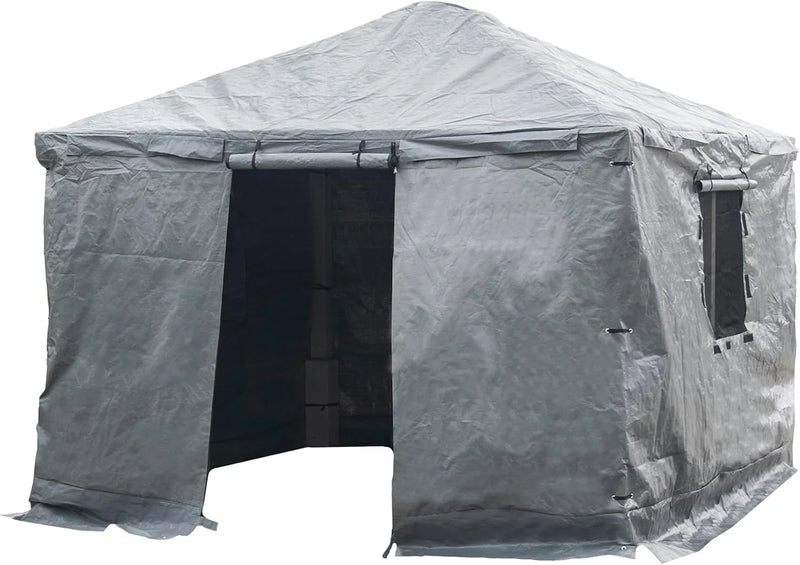 Universal winter tarpaulin, suitable for tall sunshades, used for storing barbecue grills and outdoor furniture, with fireproof and weather-resistant properties, measuring 10 feet by 12 feet, and in gray color. O9