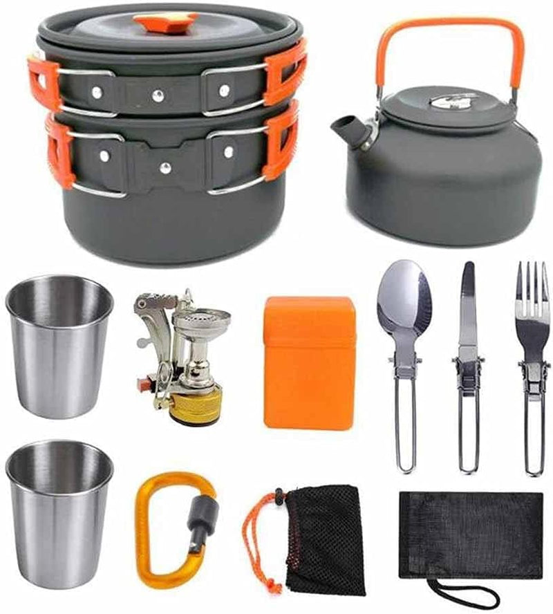 Camping cooking set - picnic cooking pot set - outdoor hiking and barbecue tableware set - camping travel supplies set including frying pan, water jug and stove J0