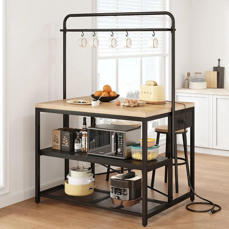 Kitchen Island, Kitchen Island with Storage, Bakers Rack, Island Table for Kitchen, Bakers Rack with Storage, Large Kitchen Island Table, Coffee Bar Table with Shelf,5 Racks,Pear Wood White N8
