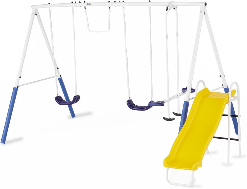 Recreation Blue Ridge Backyard Playground Set Sturdy Metal A Frame Swing with Chain Covers, Glider, Trapeze, 2 Swings, and Slide, Multicolor A5