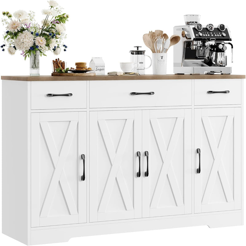 Drawer-equipped buffet-style cabinet, 55-inch large side cabinet-style storage unit with shelves and 4 doors, modern country-style coffee bar-style cabinet, wooden kitchen and dining room storage unit, white/rustic style C0