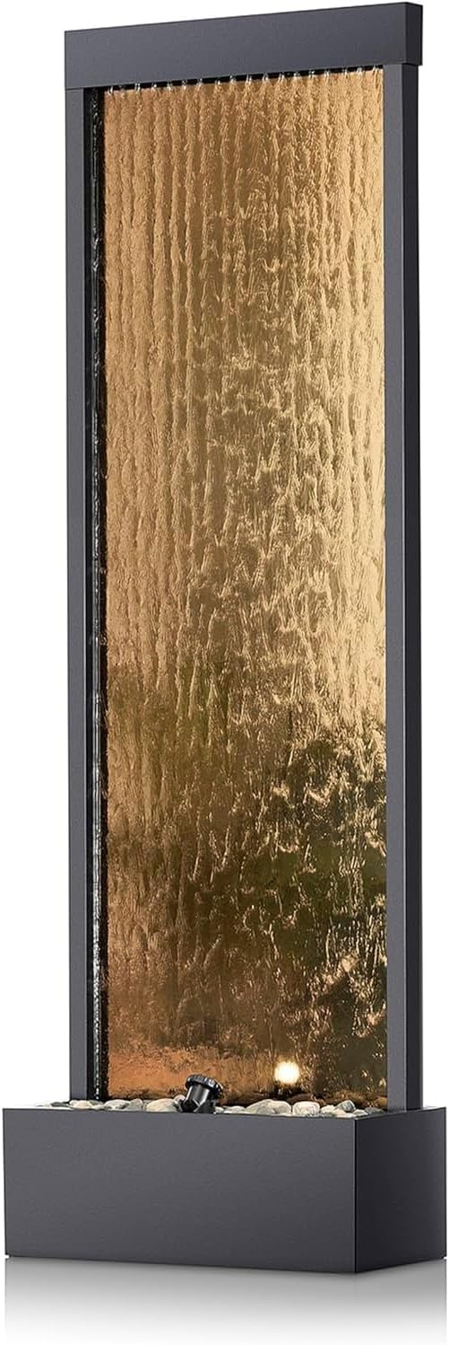 A mirror-floored waterfall fountain with stones and lights - suitable for offices, living rooms, terraces, entrances as a serene indoor/outdoor decoration - 48 inches (bronze color) A2
