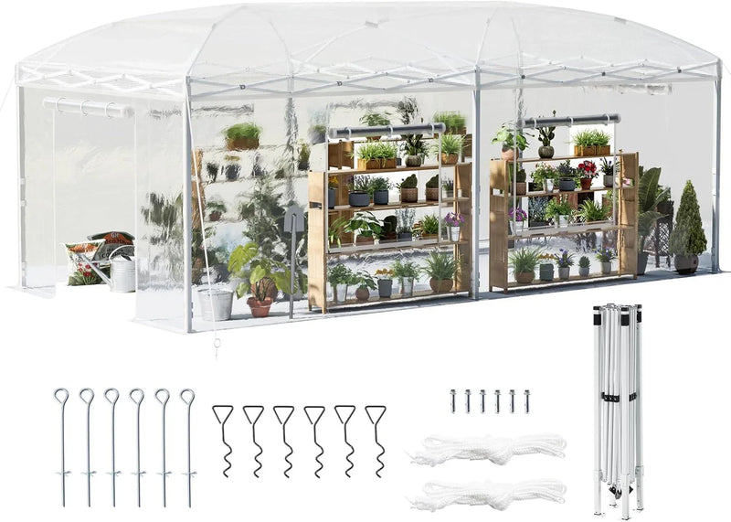 19.2×9.7×8.5 feet Outdoor upgraded retractable greenhouse with adjustable reinforced frame, portable walk-through greenhouse, equipped with 2 rollable zipped doors and mesh windows, PE shell, white I6
