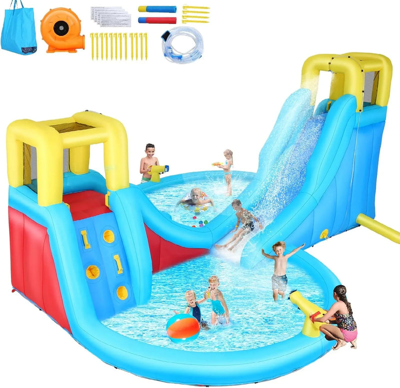 Inflatable Water Slide, 6 in 1 Outdoor Inflatable Water Park with Climbing, Basketball Rim, Splash Pool, Water Cannon, Blow up Water Slides for Kids Backyard Z9