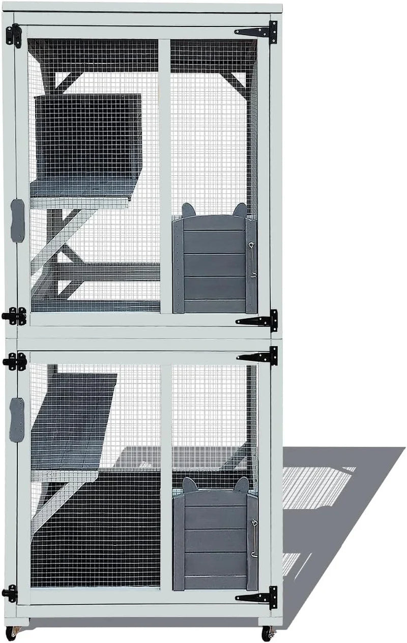 62.6-inch wooden outdoor cat house, large cat cage room, equipped with 7 platforms, 2 rest boxes and a rainproof roof, suitable for multiple pets to use. Step-in cat apartment shelter, white model U6