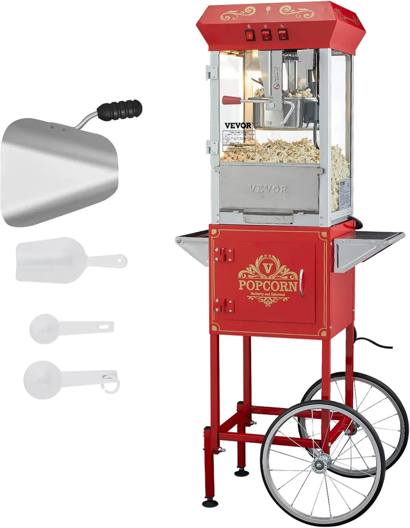 Popcorn machine, 12-ounce pot capacity, 1440-watt countertop popcorn machine, can produce 80 cups per batch, cinema-style popcorn machine, equipped with 3 switches for control, steel frame, tempered glass door, 1 pot, 2 spoons, red version Y5