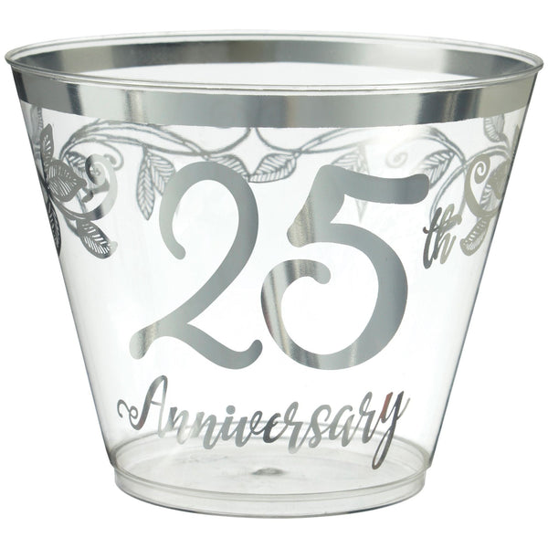 "25th Anniversary" Bordered Trimmed Plastic Reusable Tumbler Cups, Clear/Silver, 9-oz, 30-pk, for Anniversary Party A7