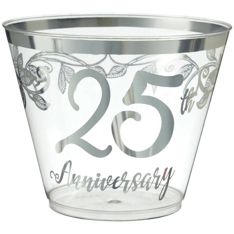 "25th Anniversary" Bordered Trimmed Plastic Reusable Tumbler Cups, Clear/Silver, 9-oz, 30-pk, for Anniversary Party A7