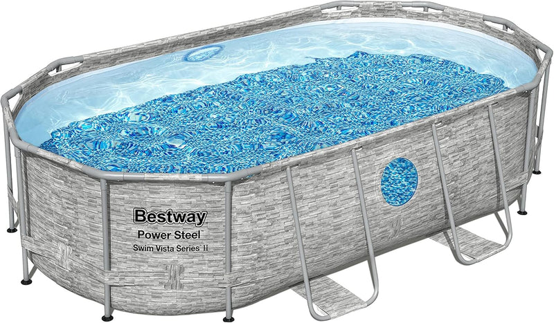 The robust steel swimming pool "Horizon Series II" - a 14 feet x 8 feet 2 inches x 39.5 inches outdoor above-ground pool package, equipped with a 530 liter/minute filtration pump, ladder and pool cover. J4