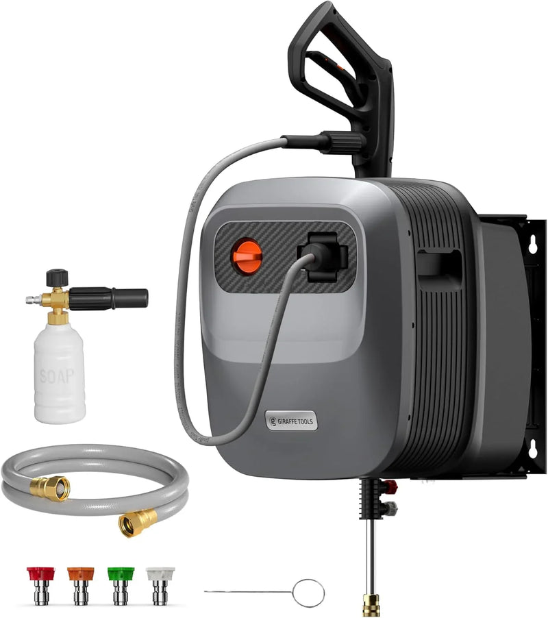 Pressure Washer G20 Pro, 2500 PSI 2.2 GPM, 180° Wall Mounted Power Washer, Auto-retract with 65FT Hose Reel, 5 Nozzles for Floor/Cars/Fences/Patios, Dark Silver U4