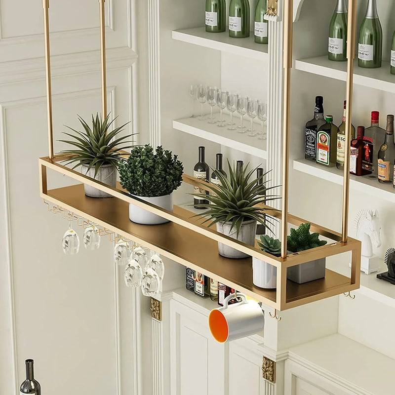 Wall Mounted Wine Rack for Bars & Restaurants Gold Metal Hanging Storage for Wine Bottles & Stem Glasses Perfect for Dining Room & Kitchen Decor Space Saving Design L3