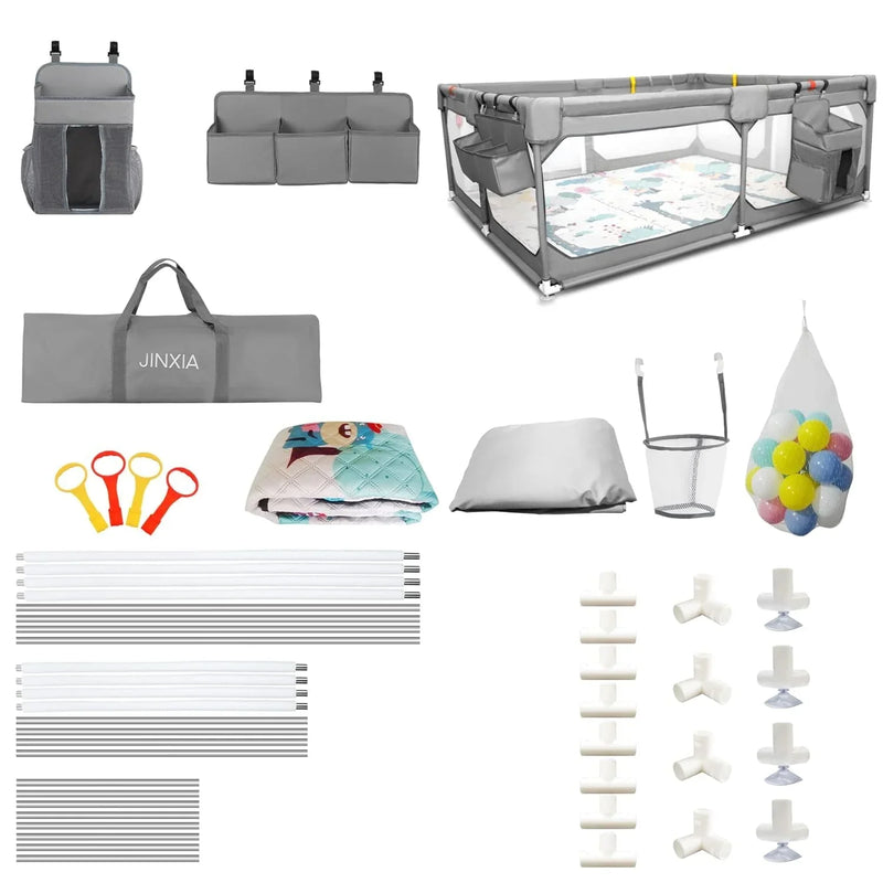 Baby Playpen with Mat 75"*59", Extra Large Playpen for Babies and Toddlers with Storage Bag, BPA-Free, Non-Toxic, Safe No Gaps Playards for Babies, Sturdy Safety Play Yard for Indoor Outdoor Fun, Grey W4